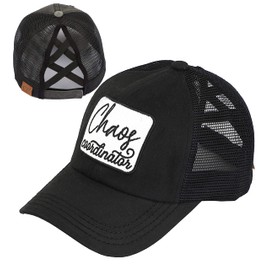 Funky Junque Women's Ponytail Trucker Hat with Ponytail Hole and Crisscross Bands, Funny Cap with Sayings, One Size Chaos Coordinator - Black