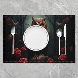 Erosebridal - Manteles individuales de búhos de 12 x 18 pulgadas, color negro y rojo, a prueba de aceite, tapete de mesa de rosas 3D de vida silvestre para mesa de comedor, cocina, manteles