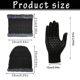 TUONYIS 3-in-1 Winter Hat Scarf Gloves Set, Warm Knitted Hat Touchscreen Glove and Neck Warmer, Winter Warm Beanie with Soft Fleece Lining, Outdoor Scarf, Non-Slip Gloves for Women, black