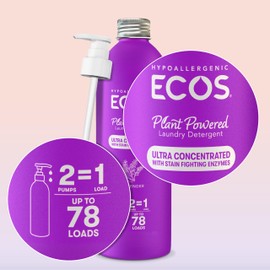 ECOS Ultra Concentrated Liquid Laundry Detergent, Sustainable Aluminum Bottle, Up to 78 Washer Loads - Hypoallergenic Laundry Soap - High Efficiency & Standard Machine Washing - Lavender, 16 Fl Oz