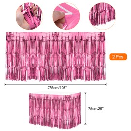 MECCANIXITY 2 Pcs 29x108 Inch Pink Metallic Foil Fringe Tinsel Table Skirts for Rectangle Tables Tinsel Backdrop Curtain for Wedding Birthday Party Decoration
