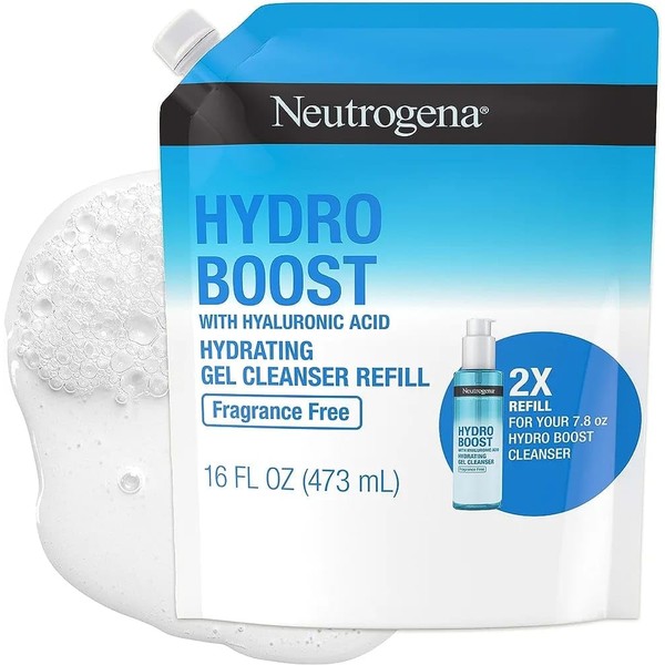 Neutrogena Hydro Boost Gel hidratante sin fragancia con ácido hialurónico, lavado facial diario y removedor de maquillaje, lavado facial suave, bolsa de repuesto, 16 onzas líquidas