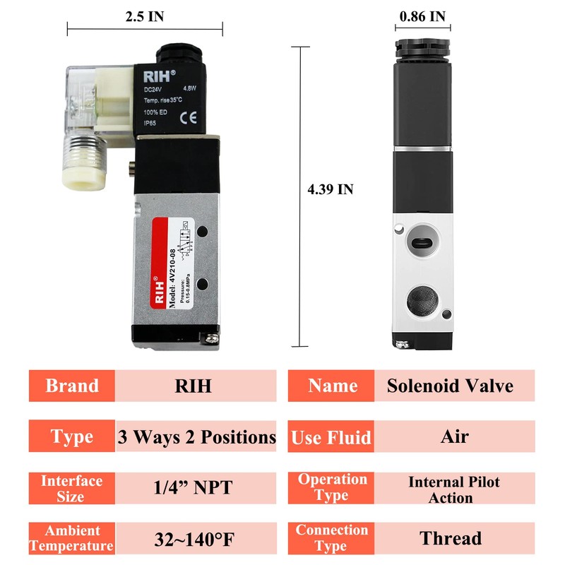 RIH Pneumatics Solenoid Valve 4V210-08 12V/24V/110V Series Single Coil Pilot-Operated