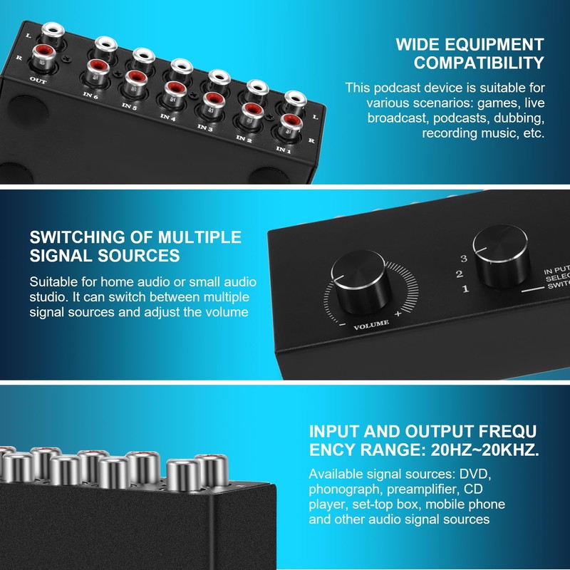 Wanjorlay 6 in 1 Out L/R Stereo Audio Switcher with