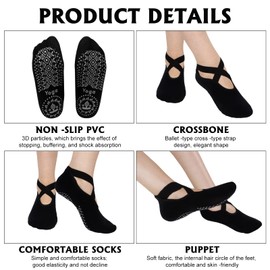 RosewineC Non Slip Yoga Pilates Socks 2 Pairs Yoga Socks for Women with Grips, Fitness Fall Prevention Grip Socks Exercise Dance Yoga Socks for Ballet Pilates Hospital Barre with Cushion(Black Grey)