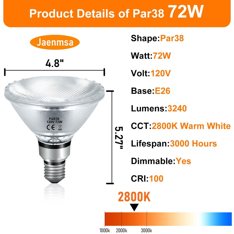 Jaenmsa Halogen PAR38 Flood Light Bulbs 72W 120V, Dimmable Par38
