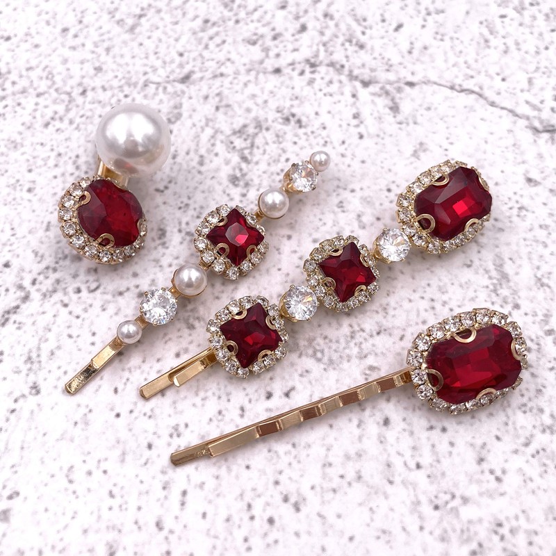 4 piezas clásico Rubí Rojo Perla Oro Bobby Pin Decorativo