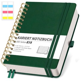 RETTACY Notebook A5 Squared, Bullet Journal with 100 g/m² Thick Paper, 150 Sheets, College Pad for Office and School, Leather Cover, Dark Green, 14.8 cm x 21 cm