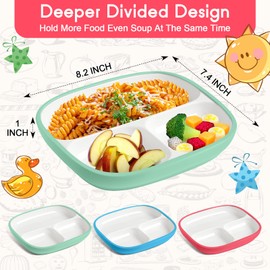 Domensi 3 Set Kids Porcelain Plates with Silicone Sleeves 8.2 Inch Divided Porcelain Plate Toddler White Suction Dishes for Baby Troubleless Eating Microwave Dishwasher Safe (Bright)