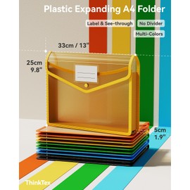 ThinkTex Plastic Expanding File Folder, Transparent envelopes with Snap Closure, No Dividers, Large Capacity, Assorted Colors, Fit Letter/A4 Size - 5 Packs