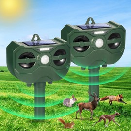 2 Pack Solar Animal Repellent Ultrasonic Animal Repeller Outdoor Deer Repellent Cat Deterrent with Adjustable Frequency Flashing Lights, Keep Cat Fox Squirrel Skunk Raccoon Out of Yard Solar Repeller