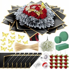 Marspark Graduation Money Bouquet Flower Kit Gift Included 20 Sheet Flower Wrapping Paper 36 Fake Flowers 100 Bamboo Skewer Floral Foam Block for Mother's Day Anniversary Wedding(Red,Classic)