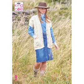 King Cole Aran Knitting Pattern Ladies Cable Knit Cardigan & Waistcoat (5962) 32/in - 50/in