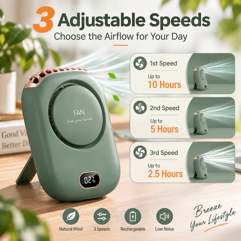 Portable Wearable Fan for Outdoor Use – 3-Speed Rechargeable Cooling