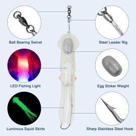 Saltwater Squid Fishing Lures LED Fishing Lures Glow Soft Squid Lures with 6/0 Stainless Steel Hook Deep Sea Trolling Lures for Grouper Salmon Halibut Tuna Striper Cod, Colored