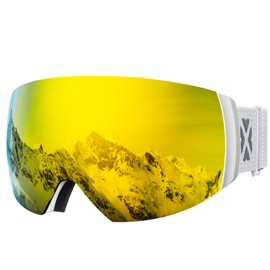 MAXJULI Ski Goggles Men Women,OTG Snow Goggles with Magnetic Interchangeable Anti-Fog HD Lens UV Protection (White Frame/Gold Lens)