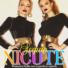 Nicute Sequin Waist Belt Wide Sparkly Dress Belts Elastic Waistband Cinch Accessory for Women (Gold)