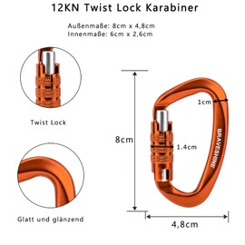 BRAVESHINE Carabiner Hook, 12KN Twist Lock Carabiner 80 mm Aluminium Carabiner Hook Large with Load Capacity up to 1200 kg for Hammock Awning Swing, Pack of 2