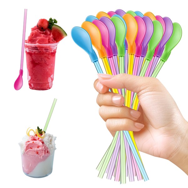 Diffaxy Pack of 20 Drinking Straws Spoons, Reusable Coloured Straw