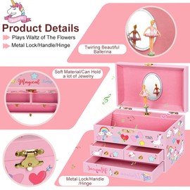 efubaby Musical Jewelry Box for Girls 7.5x4.8x4.5 inch with Spinning Ballerina Unicorn, 3 Pullout Drawers, Unicorn Jewelry Set Included Kids Music Box for Christmas Gift, Waltz of Flowers Tune