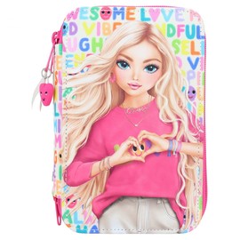 Depesche 11970 TOPModel SelfLove - Filled 3-Compartment Pencil Case with Model Motif, Colourful Font Design and Pendant, Pink Pencil Case with Coloured Pencils, Ruler, Scissors and Much More,