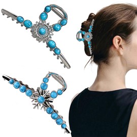 2 Pcs Turquoise Hair Claw Clips Large Sun Flower Snowflakes Hair Clip Retro Metal Blue Stone Western Hairpin for Women Girls Thin Curly Hair Fashion Nonslip Hair Styling Accessories