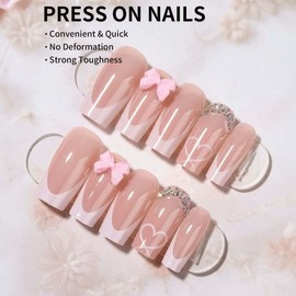 Bow Press on Nails French Tip Fake Nails Pink Nails Press ons with Hollow Heart Medium Square False Nails Acrylic Nails Full Cover Glue on Nails Stick on Nails for Women Manicure 24Pcs