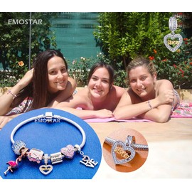 EMOSTAR Dangle Sister Charms fits Women Bracelet, 925 Sterling Silver Heart Pendant Pave Sparking CZ Birthstone 18K Gold Sis Beads, Gift for Daddy's Girl/Goddaughter/Daughter