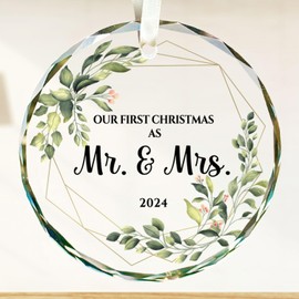 Sirjiera First Christmas Married Ornament, Wedding Gifts for Couples, 2024 Mr. and Mrs. Gifts for Newly Couples, Bridal Shower Gifts for Couples, Eucalyptus Leaf Decorations Round Acrylic Keepsake