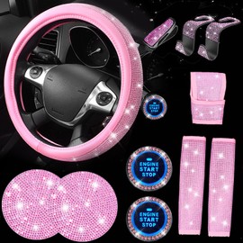 CAR PASS 11 PCS Bling Car Accessories Set for Women, Sparkly Rhinestone Diamond Steering Wheel Cover, Bling Seat Belt Cushion, Shift Knob Cover, Push Start Button Ring, Car Cup Holder Coaster, Pink