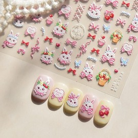 5D Embossed Pink Rabbit Nail Art Stickers Self Adhesive Easter Nail Decals Butterfly Heart Ice Cream Nail Design Stickers White Rabbit Nail Stickers Cute Nail Art Supplies for Women Acrylic Manicure