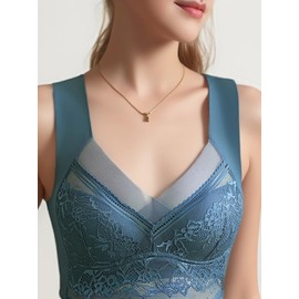 Meihejia 3pcs Set Wireless Bras for Women Floral Contrast Lace Comfy & Breathable Full Coverage Support Women's Bras for Everyday Wear, Black+Skin+Blue, XX-Large