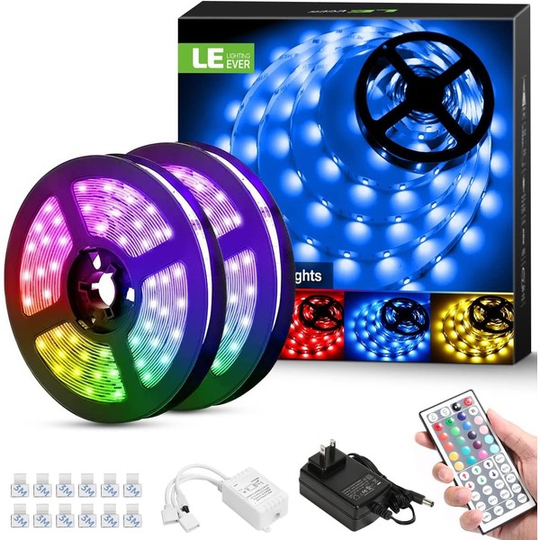 Lepro LED Lights, 32.8ft Dimmable RGB LED Light Strips, 20 Colors Changing Light Strip with Remote Control, 300 LEDs 12V 10M Led Lights Strip for Bedroom, Kitchen and More, Non-Waterproof (16.4ft*2)