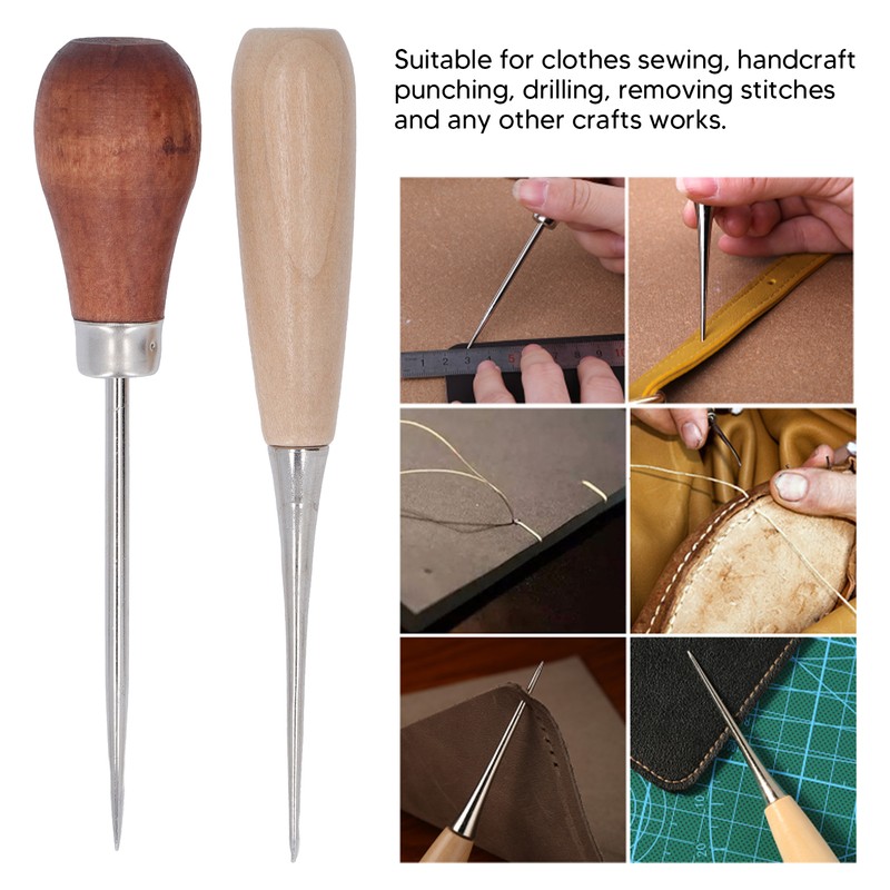 8Pcs Leather Awl Wooden Ergonomic Handle Stainless Steel Effort Saving
