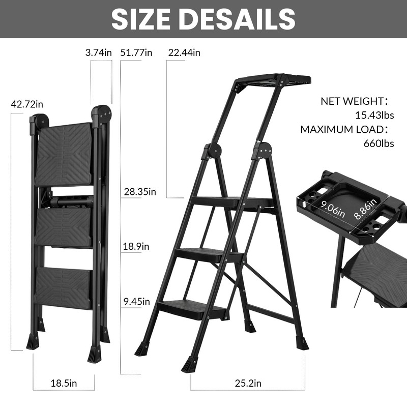 XinSunho 3 Step Ladder, Foldable Handrail & Tool Tray Stool