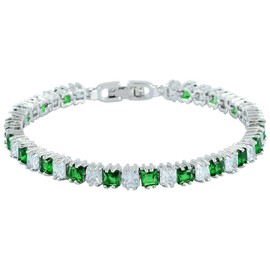 RIZILIA Ice Cube Princess Cut Simulated Green Emerald CZ 18K White Gold Plated Tennis Bracelet, 7"