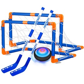 DAQI - Juguete Balón de Fútbol y Hockey Juguetes para Niños 2 en 1 (2 Portería+2 Redes+2 Palos de Hockey Juguetes para Niños Air Football Kit con Luces LED, Regalos para Niños de 3+ Años