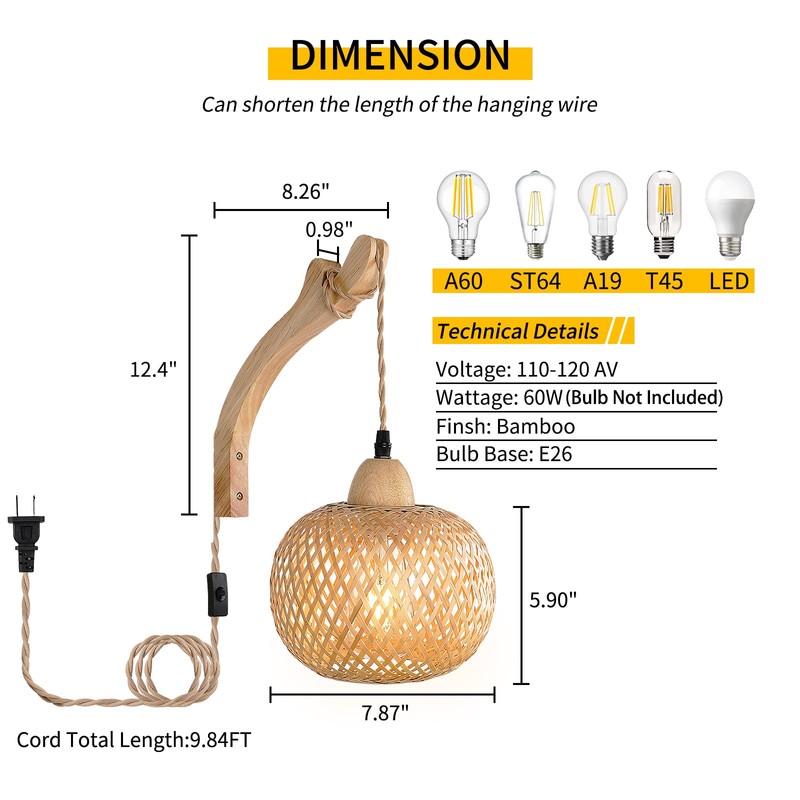 Frideko Bamboo Lantern Plug in Wall Sconces Wicker Wall Lamp