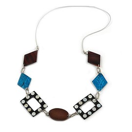 Avalaya Brown/Teal Wood and Shell Bead Silver Rubber Cord Necklace/Geometric Style/80cm Long