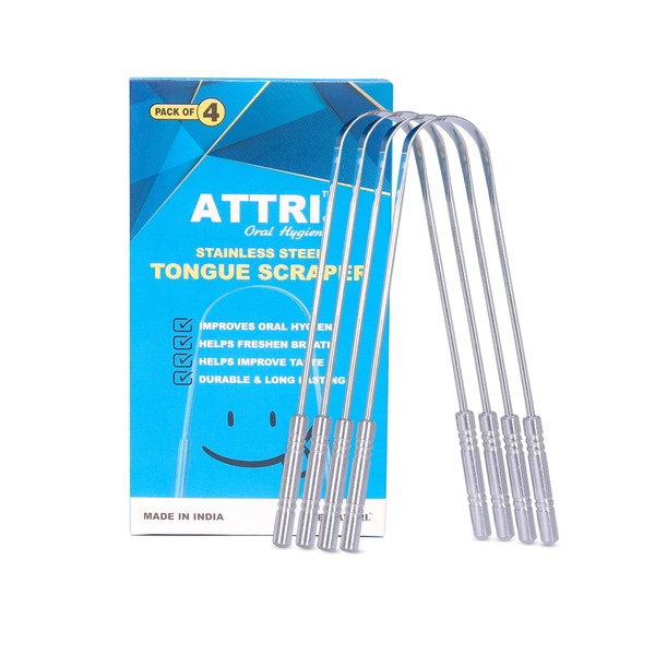 ATTRI Tongue Scraper for Adults (4 Pack), 100% Stainless Steel,