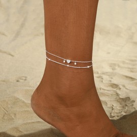 MIDEEO Sterling Silver Anklet Bracelets for Women for Women,925 Sliver Plated Anklets for Women Waterproof Cuban Link Heart Beads Herringbone Rhinestone Anklets Set Layered Anklet Bracelets for Women Jewelry Gift