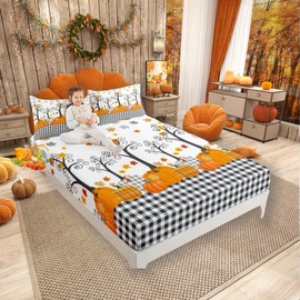 Pumpkin Fall Sheet Twin Size,Kids Boys Girls Bedroom/Wooden Cottage Decor,Black White Plaid Bedding,Autumn Harvest Maple Rustic Farmhouse Bed Sheet Set 3pcs(Fitted Sheet + Flat Sheet + 1 Pillowcase)