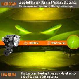 BOZCCZO Motorcycle Fog Lights Led Kit Lemon Green/Amber Fog Light 120W/14,000LM IP68 Waterproof Running Light with Mounting Bracket Remote Wiring Harness for Motorcycle Jeep ATV