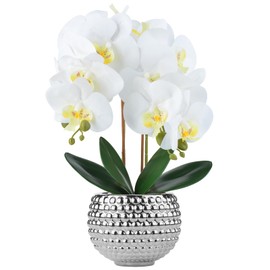 Hisow Large Orchids Artificial Flowers, 17'' White Faux Orchids with Gold Pot for Living Room Decor, White Faux Orchid Plant for Bathroom Kitchen Home Indoor Hotel Decor (Large Silver)