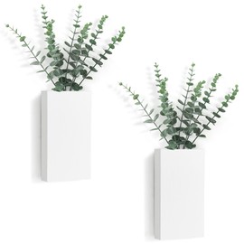 Dahey 2 Pack Wood Wall Planter Vase with Artificial Eucalyptus Farmhouse Wall Hanging Decor Pocket Planter for Indoor Fake Plants Greenery Flowers Living Room Bedroom Kitchen Home Decoration, White