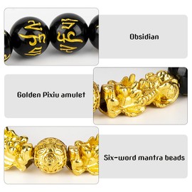 HannaFires Feng Shui Pixiu Black Obsidian Wealth Bracelet - Black Obsidian Wealth Bracelet Color Changed Pi Xiu Bracelets Dragon Mantra Bead Bangle Attract Wealth/Good Luck for Men/Women, inches,