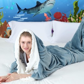 Touchat Shark Blanket for Adult Super Soft Cozy Flannel Throw Wearable Blanket, Cartoon Animals Shark Blanket Hoodie, Sleeping Bag Cosplay Shark Costume Blanket Gifts for Shark Lovers (Blue,L)