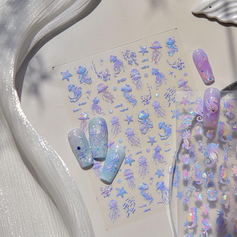 LIFOOST 5D Embossed Nail Decals Starfish Jellyfish Shell Nail Art