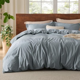 Bedsure 100% Washed Cotton Duvet Cover Queen - Grey Blue Minimalist Cotton Duvet Cover Set Linen Like - 3 Pieces Plain Simple Cotton Duvet Cover Set with 2 Pillow Shams (Grayish Blue, Queen, 90"x90")