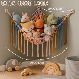 Cuddly Toy Storage, Storage Net for Children's Room, Toy Organiser with Wooden Ring, Rainbow Colours